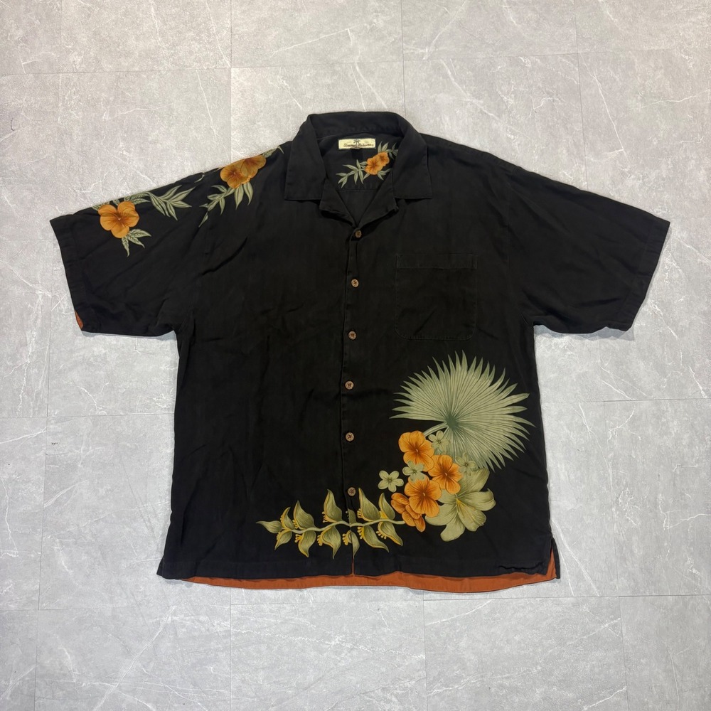 Tommy Bahama Mens XL Black Silk Floral Embroidered Camp Shirt Tropical Hibiscus
